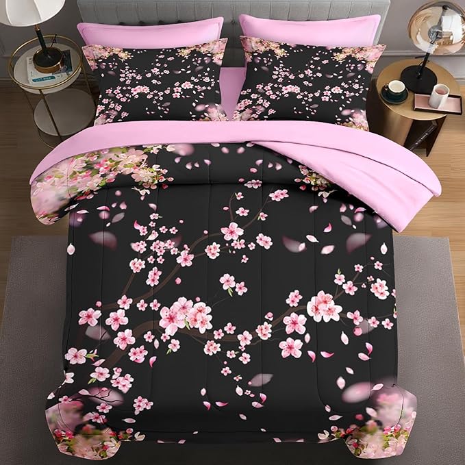 5 Pcs Twin Size Comforter Set with Pillowcase & Sham, Tree Flower Floral Bedding for Kids and Adults, Pink Cherry Blossom Bed in a Bag with Flat Fitted Sheet
