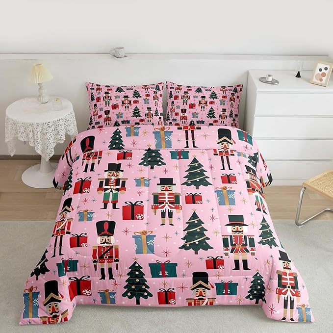 Feelyou Nutcracker Comforter Set All Season Merry Christmas Tree Bedding Set with 2 Pillow Cases Snowflake Kids King Bedclothes Soldier Print Decor Duvet Quilt Soft Lightweight