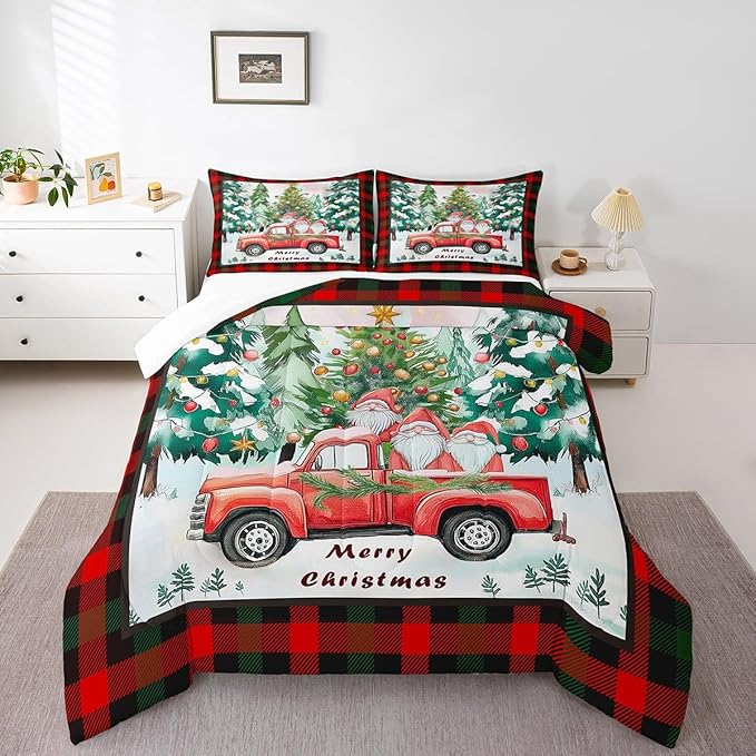 Xmas Theme Comforter Set Twin Size,Christmas Tree Retro Red Truck Bedding Set for Kids Boys Girls Room Decor,Black Red Plaid Quilt Set 2Pcs,Cartoon Gnome Merry Christmas Duvet Insert,1 Pillowcase
