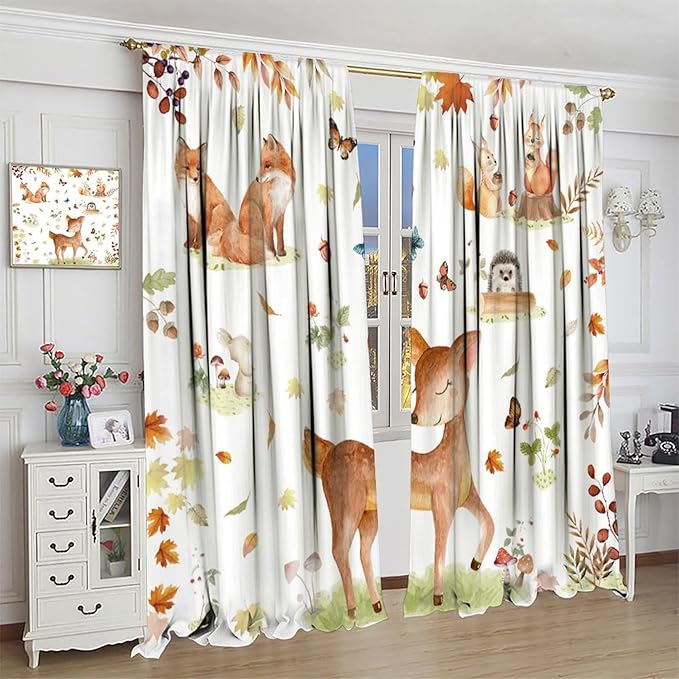 Fall Animails Curtains for Kids, Rustic Cute Woodland Wild Animal Window Treatments Watercolor Autumn Leaves Cartoon Fox Deer Window Drapes for Nursery Toddler Bedroom 55x63in