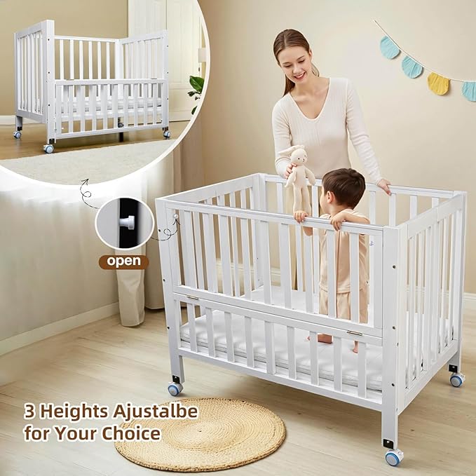 Portable Mini Baby Crib - Pine Wood Foldable 4-in-1 Baby Crib with Mattress,Portable Bedside Bassinet Sleeper,3 Adjustable-Height Baby Cribs for 0-18 Months,White