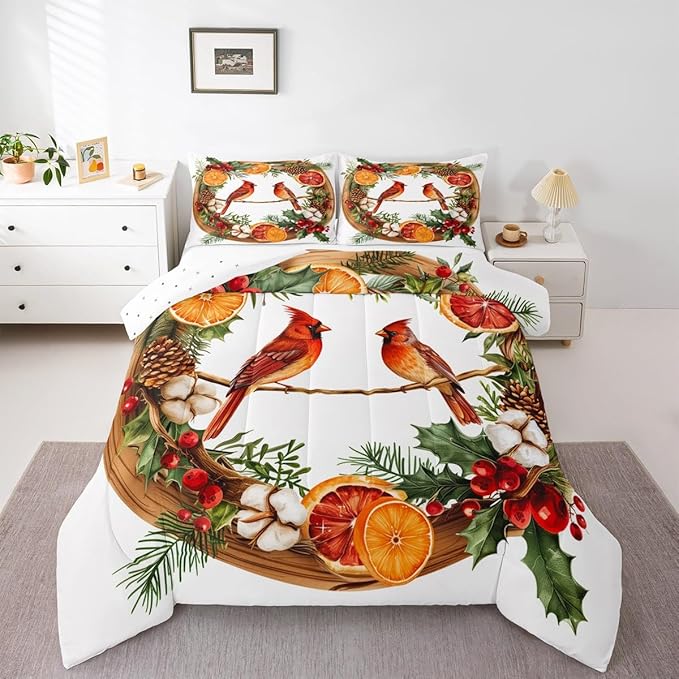 jejeloiu Kids Red Cardinal Comforter Set King Size Christmas Theme Bedding Set for Boys Girls Teens Xmas Birds Animal Lemon Winter Wood Duvet Quilt Room Decor