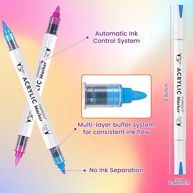 Acrylic Paint Markers, 24 Colors Dual Tip Acrylic Paint Pens, Water-Based No-Bleed Markers with Automatic Ink Control System, Bullet & Brush Tip, Works on Paper, Wood, Ceramic, Rock,813-24pcs
