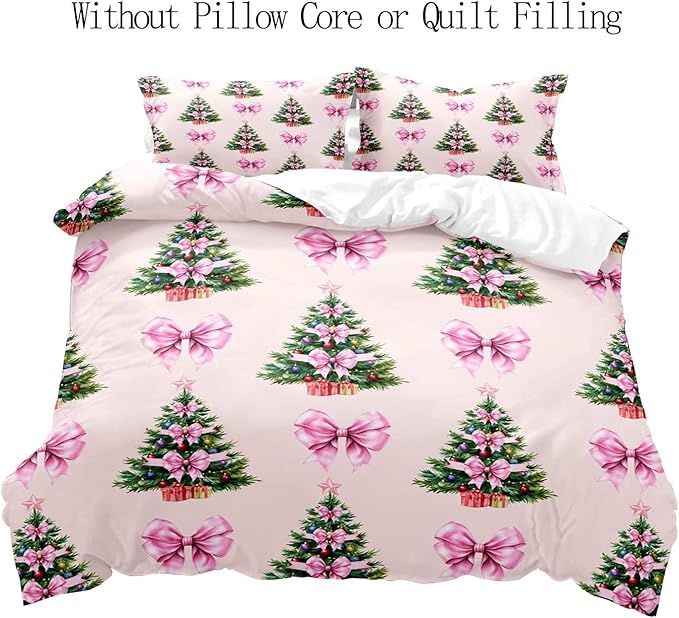 LUVIVIHOME 3PCS Pink Bow Christmas Tree Duvet Cover Full Bedding Set, Teen Girl Bedding, Light Pink Duvet Cover, Xmas Tree Winter Holiday Festival Coquette Christmas Comforter Cover, 2 Pillow Cases
