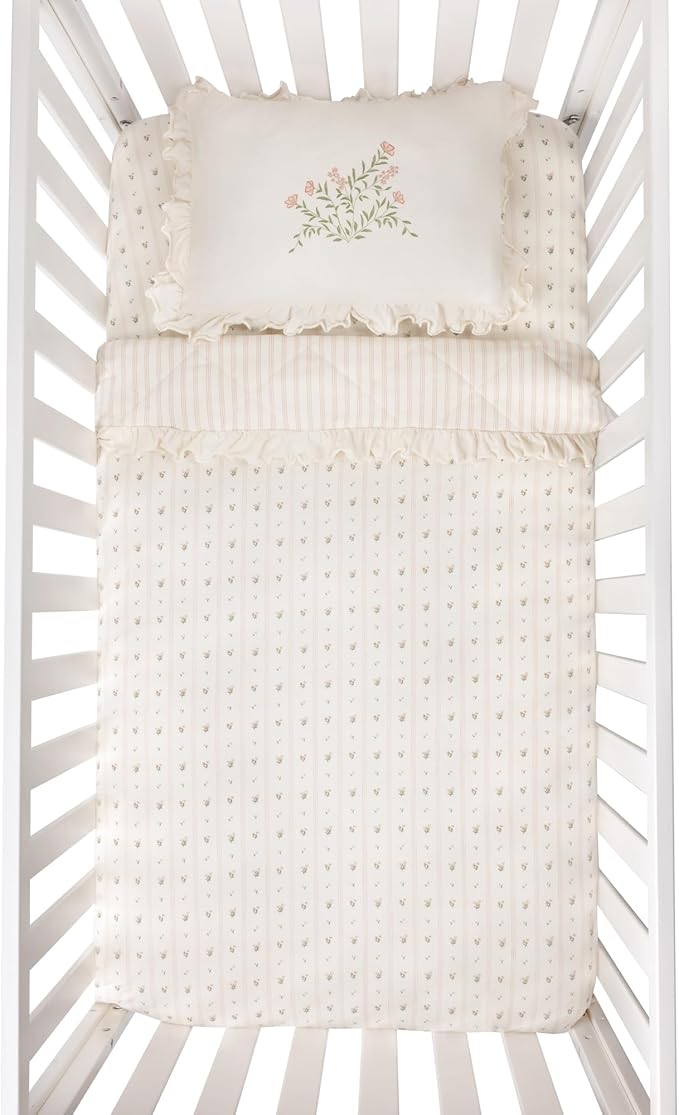 Ely's & Co. Crib Bedding Set for Girls, Toddler Bedding Set, 5 Piece Set - 2 Fitted Crib Sheets/Toddler Bed Sheets, Quilted Comforter and Decorative Pillow with Insert, Pink Linear Floral Collection