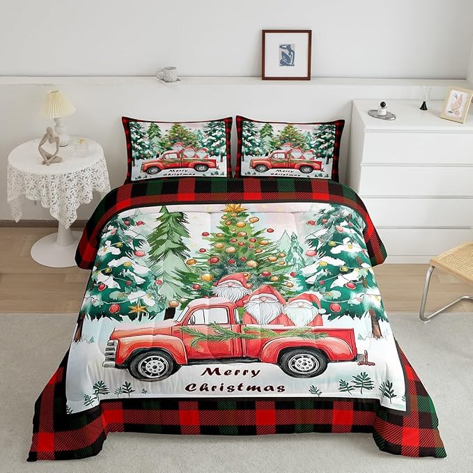 Xmas Theme Bedding Set Full Size,Christmas Tree Retro Red Truck Comforter Set for Kids Boys Girls Room Decor,Black Red Plaid Duvet Insert 3Pcs,Cartoon Gnome Merry Christmas Quilt Set,2 Pillowcases