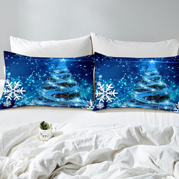 Manfei Blue Xmas Tree Duvet Cover Set Full Size, White Snowflake Print Comforter Cover with 2 Pillowcases, Christmas Theme Bedding Set 3pcs for Kids Boys Girls Bedroom Decor,No Comforter
