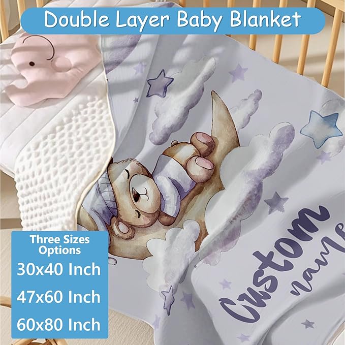Personalized Crib Bedding Set, 5 Pcs Custom Name Crib Bed Set, Double Layer Nursery Bedding Sets Baby Girls Boys, Purple Bear Baby Crib Set for Infants Toddlers Kids Customized Gifts