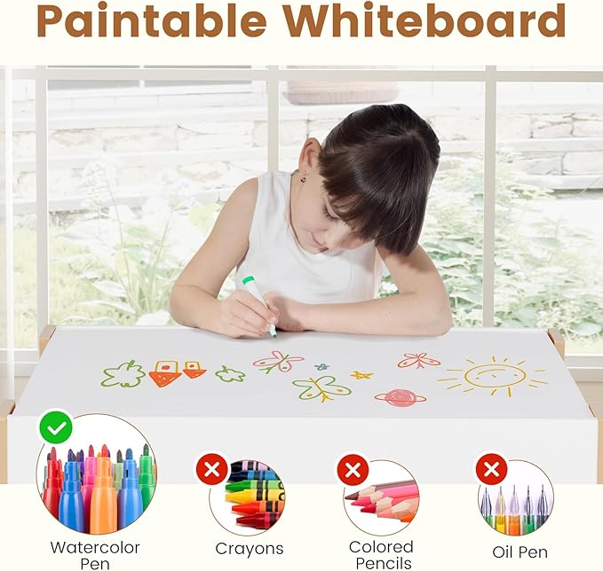 INFANS Kids Table and Chair Set, 4 in 1 Building Block Wooden Activity Desk with Reversible Tabletop Storage Drawers Bookshelves for Toddlers Art Craft Learning Reading Drawing Playroom (Natural)