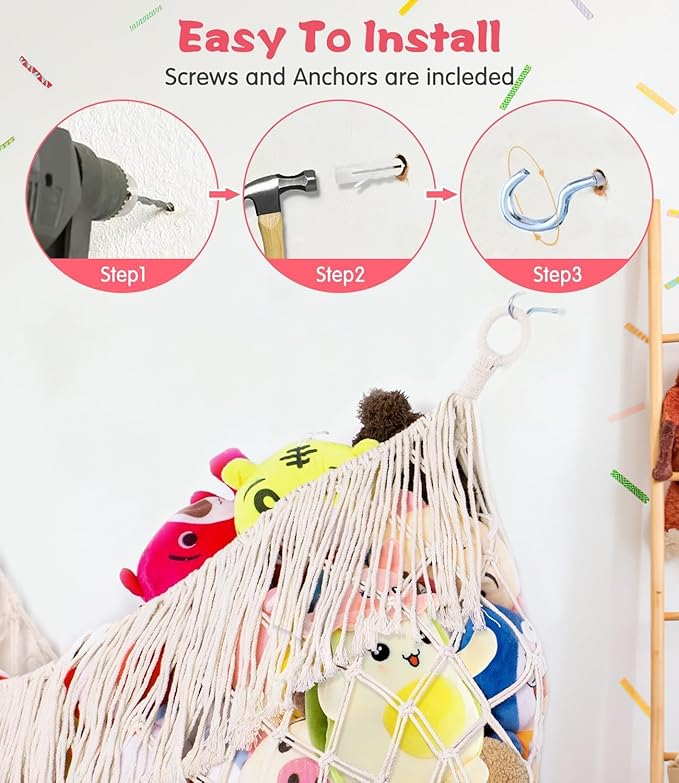 Stuffed Animal Hammock - Extra Large 63'' Long, Stuffed Animal Storage, stuffed animal Holder net, Toy Hammock Large, Toy Storage Hanging Organizer - Cream White