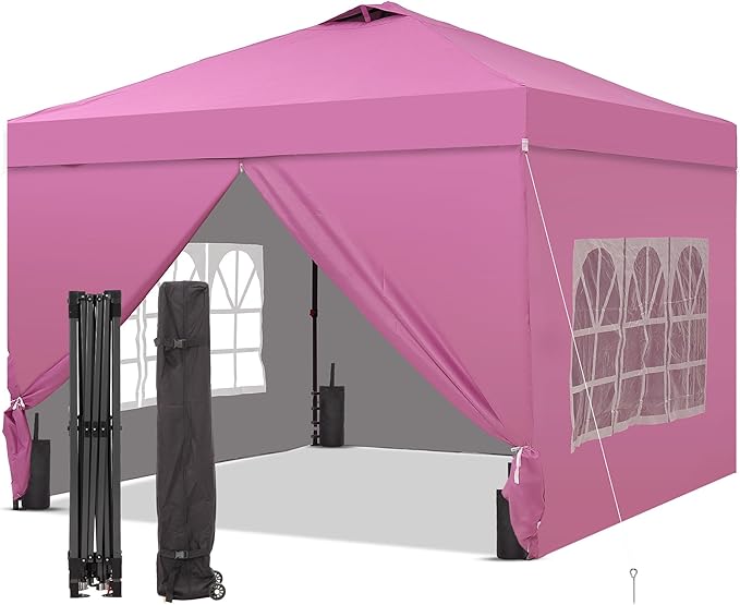 GDY 12x12 Pop Up Canopy Tent with 4 Sidewalls, Easy Set up with One Push Lift Outdoor Silver Coated Beach Gazebos, Carpas for Pool, Events, Parties, and Camping, Pink.