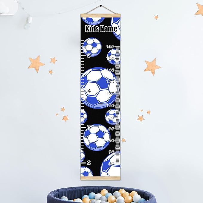 Personalized Kids Name Growth Chart Ruler for Wall Wood Frame Height Measure Chart 13.4x56 in Linen Hanging Height Growth Chart Football Soccer Blue Kids Room Decor