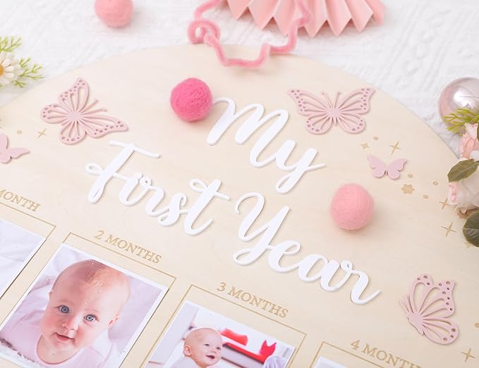 YOUAME My First Year Birthday Wooden Photo Board - Butterfly Themed First Year Milestone Photo Board, 12 Months Baby Girl Birthday Picture Wood Frame, Girls Pink Birthday Party Decorations