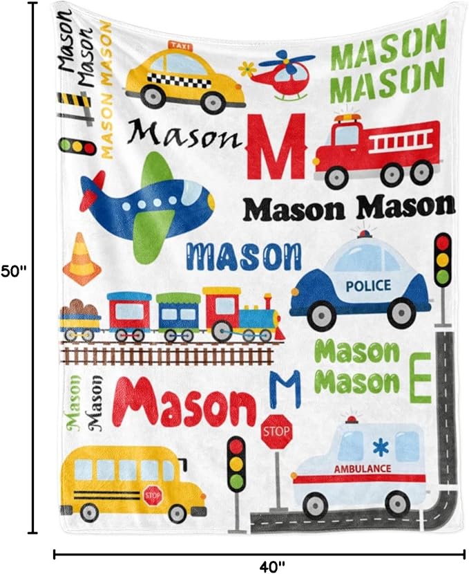 Custom Blanket with Name for Boys, Personalized Name Blanket City Transport, Soft Flannel Blankets Customized Gift for Children Day Birthday Christmas-40 x50