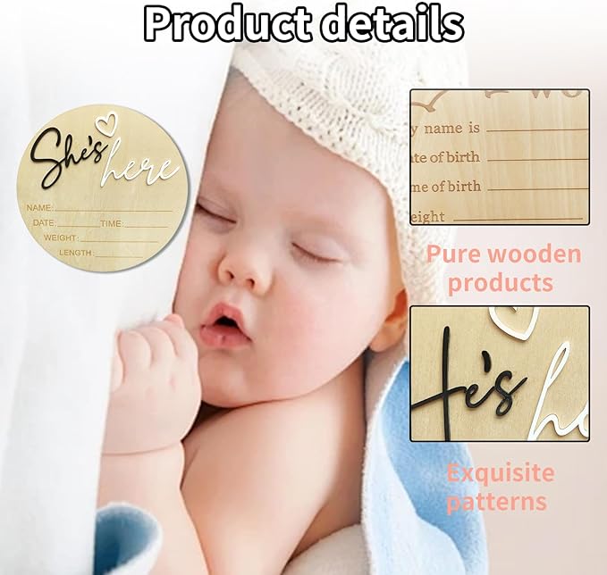Baby Announcement Sign, 5.9 Inch Wooden Hello World Newborn Signs, Birth Announcement Sign, Gender Reveal Signs, She's here Decoration, Welcome Newborn Arrival To World, Hospital Nursery for Baby (Black She's)