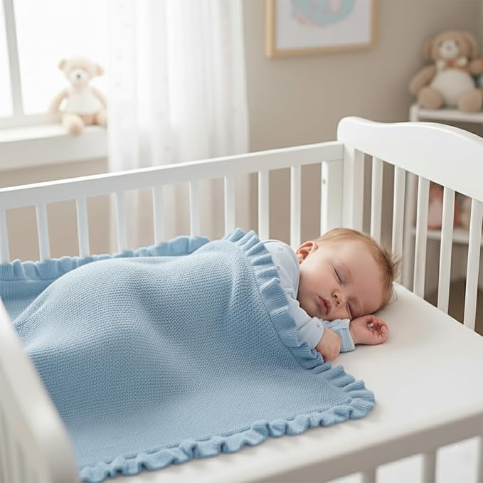 Cotton Baby Blanket with Ruffle Edge Soft Breathable Newborn Blanket for Boys & Girls, Lightweight Knit Throw for Crib, Stroller & Nursery Multiple Colors Available Blue 30x40
