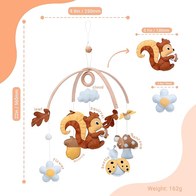 Woodland Nursery Mobile, Felt Squirrel with Mushrooms, Acorns, Leaves and Cloud, Baby Crib Mobile, Forest Theme Hanging Decor