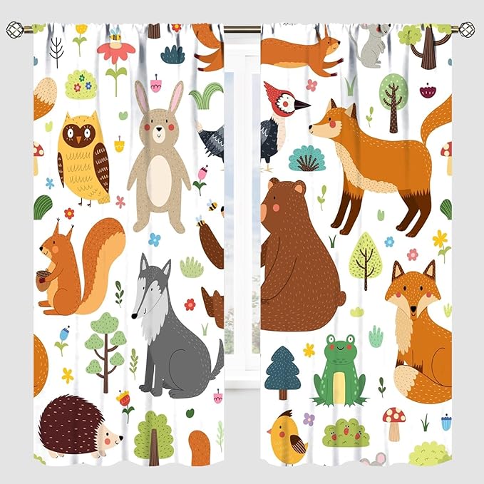 Kids Safari Animals Curtains, Baby Boy Girl Rustic Woodland Printed Cartoon Forest Window Treatments for Bedroom Living Room Nursery 2 Panels Sets, 42x45 Inch