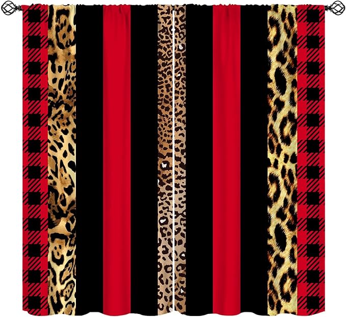 Leopard Skin Blackout Window Curtains, Brown Cheetah Red Black Plaid Stripe Print Window Drapes for Kids Boy Girls Bedroom Living Room 72" W X 63" L