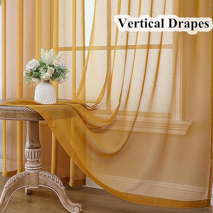 Mustard Gold Sheer Curtains 96 Inches Long 2 Panels, Textured Linen Look Pinch Pleated Drapes, Vintage Yellow Light Filtering Window Treatments, Sliding Glass Door Curtain Back Tab