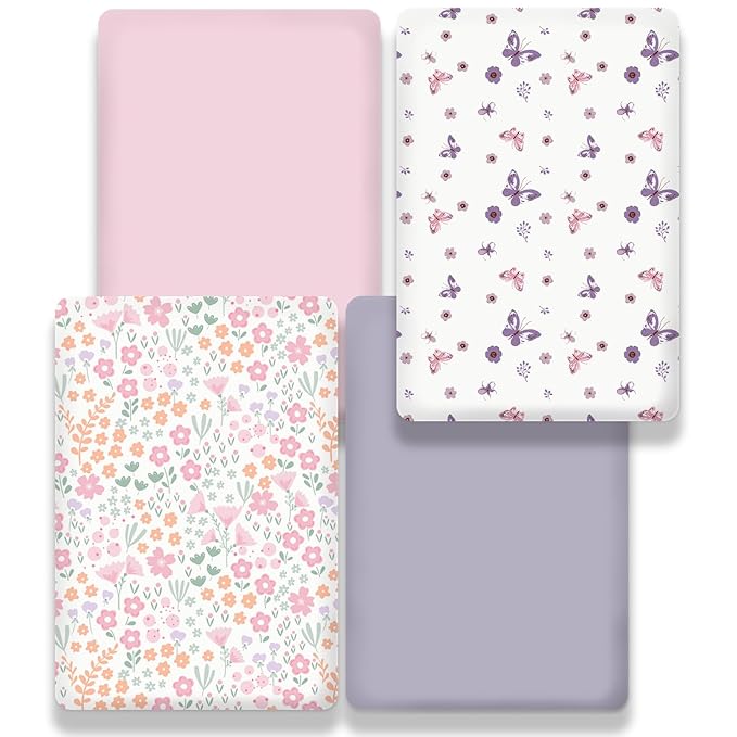 Little Grape Land Mini Crib Sheets for Girls 4 Pack, Fitted Mini Crib Sheets 26x38x5 for Pack and Play/Playard Mattress, Ultra Soft Brushed Microfiber, All-Around Elastic, Butterfly/Floral/Pink/Purple