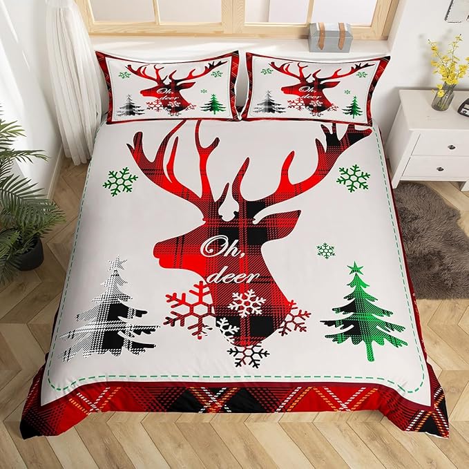 Manfei Xmas Deer Duvet Cover Set Twin Size, Christmas Tree Snowflake Print Comforter Cover with 1 Pillowcase, New Year Theme Bedding Set 2pcs for Kids Boys Girls Bedroom Decor,No Comforter
