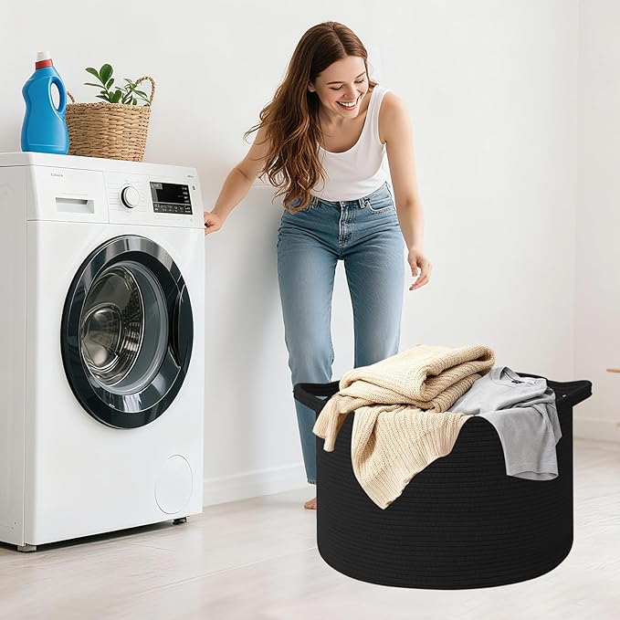 Large Blanket Basket for Organizing,115L Closet Organizers and Storage Bins Box for Shelves Woven Rope Storage Baskets,Living Room,Bedroom,Dorm,Laundry room (Black)