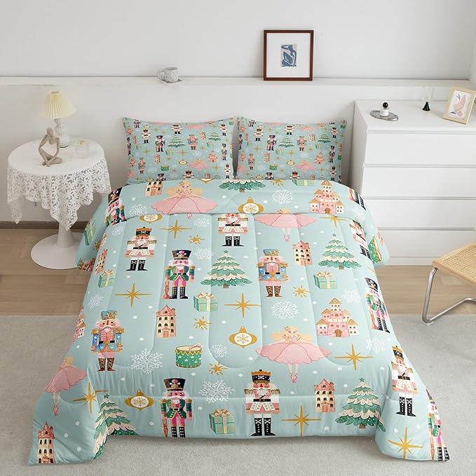 Erosebridal 7Pcs Green Christmas Comforter Set Twin,Xmas Tree Nutcracker Bedding Set,Pink Princess Bed in A Bag for Girls Women,Winter Xmas Holiday Christmas Ornaments Quilt with Flat Fitted Sheet