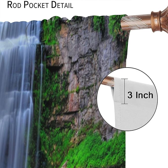 Nature Scenery Waterfall Blackout Curtains, Forest Waterfall Landscape Green Jungle Stone Falls Print Pattern Rod Pocket Window Drapes, for Bedroom Living Room 72" W X 63" L