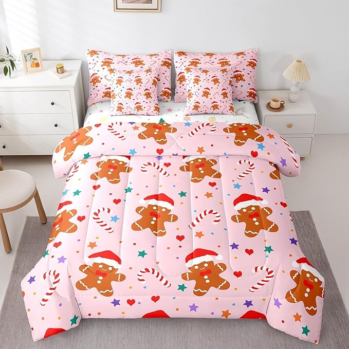 Feelyou Christmas Pink Bed in a Bag Cartoon Christmas Gingerbread Man Comforter Set with Sheets Xmas Theme Bedding Set for Kids Boys Girls Stars Candy Bed Set Decor Queen Size