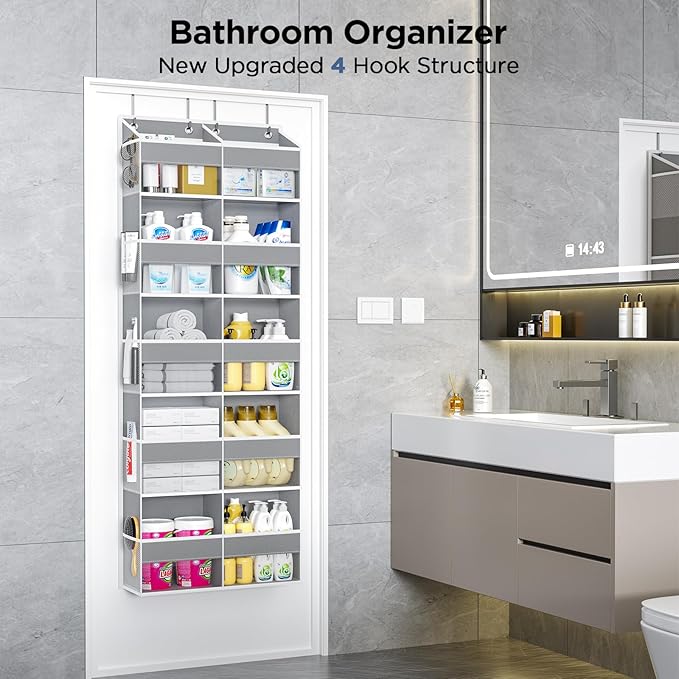 5-Tier Over The Door Organizer with 10 Side Mesh Pockets & Clear Windows, 80 lb Weight Capacity Hanging Storage for Bathroom, Bedroom, Nursery, Kitchen, Organizer Toys, Shoes, Diapers (Grey 2 Pack)