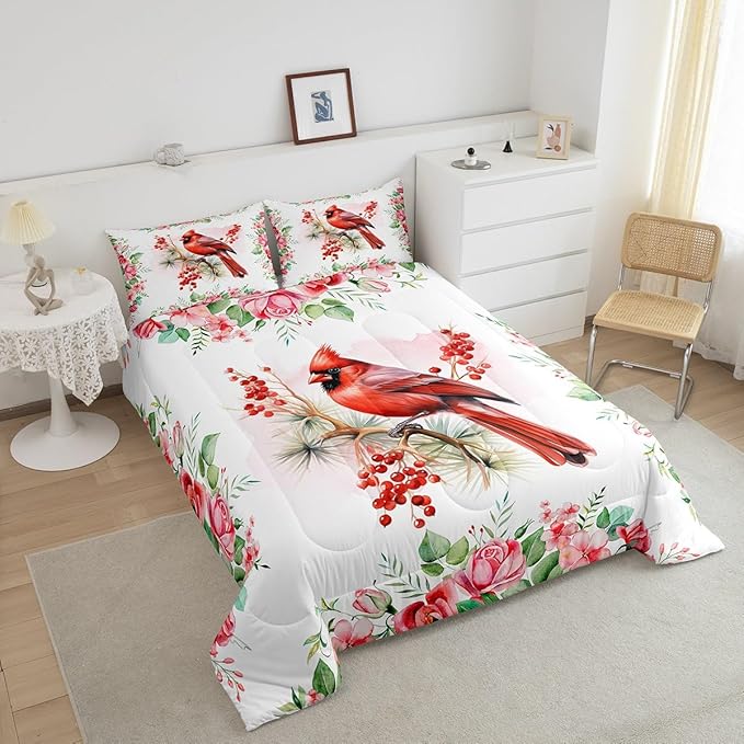 Castle Fairy Red Bird Comforter Set King Size,Watercolor Cardinal Berry Christmas Bedding Set All Season Quilt Set,Pink Floral Green Plant Painting Microfiber Polyester Down Comforter