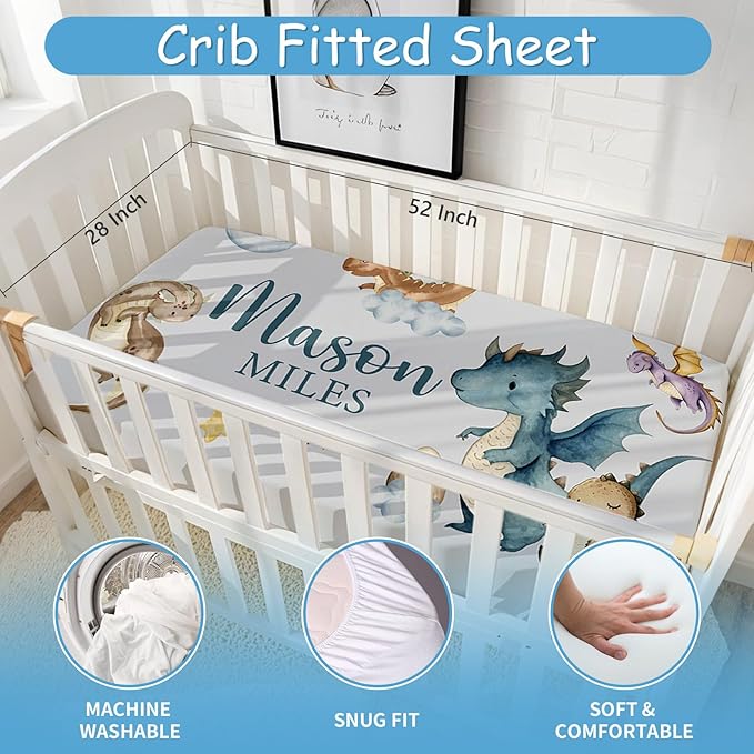 Custom Baby Crib Bedding Set, 5 Pcs Personalized Name Baby Crib Set for Boys, Dinosaur Nursery Bedding Sets, Double Layer Flannel Blanket, Newborn Infant Toddler & New Parents Customized Gifts