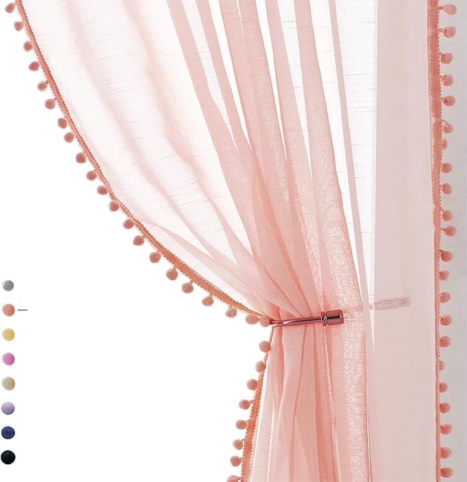 Treatmentex Pom-Pom Sheer Curtains for Girls Bedroom 63" Sheers for Living Room Window Drapes 52" w 2pack Blush Pink Rod Pocket