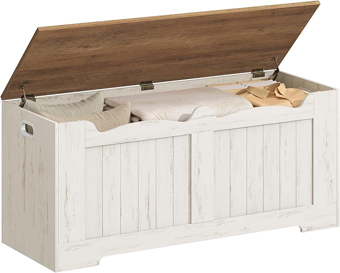 43.3" Storage Chest, Extra Large Storage Bench Trunk with 2 Hinges, Wooden Box, Lift-Top Chest Organizer, Shoe Bench for Entryway, Bedroom, Living Room, White and Brown SB25514X