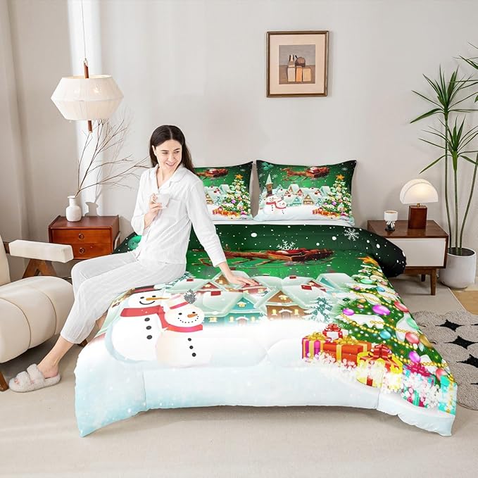 Manfei Christmas Comforter Set King Size, Snowman Xmas Tree Quilt Set with 2 Pillowcases, Santa Claus with Deer Bedding Set 3pcs for Kids Boys Girls Room Decor New Year Theme Duvet Insert