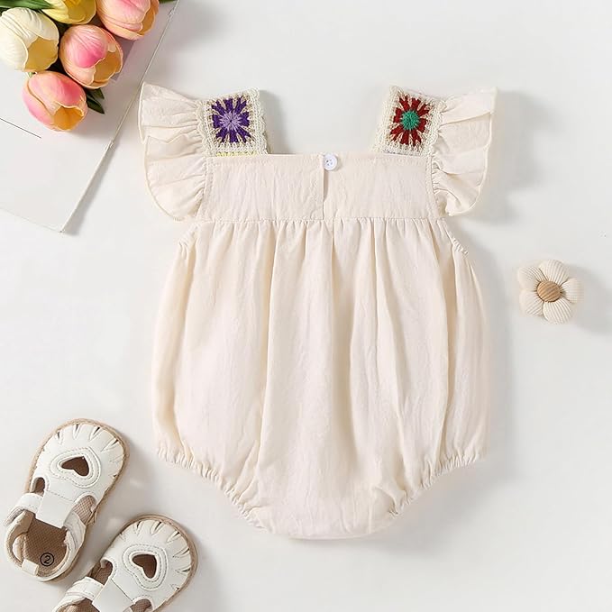 Gaono Newborn Baby Girl Smocked Bubble Romper Cute Boho Summer Clothes Ruffle Sleeveless Crochet Flower Vintage Bodysuit