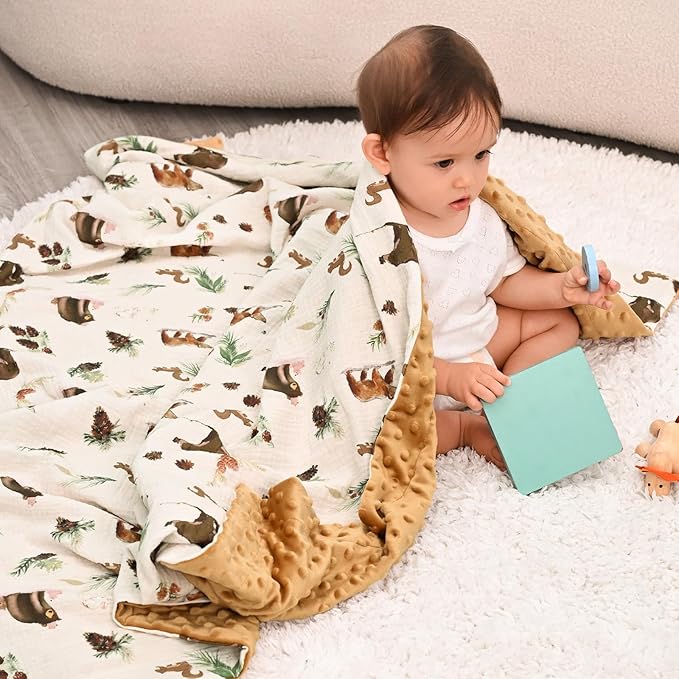david's kids Muslin Minky Baby Blanket for Boys with Muslin Cotton Front and Dotted Fleece Backing, Breathable and Soft Lightweight Receiving Blanket for Newborns, 40x50 Inches, Woodland Animals