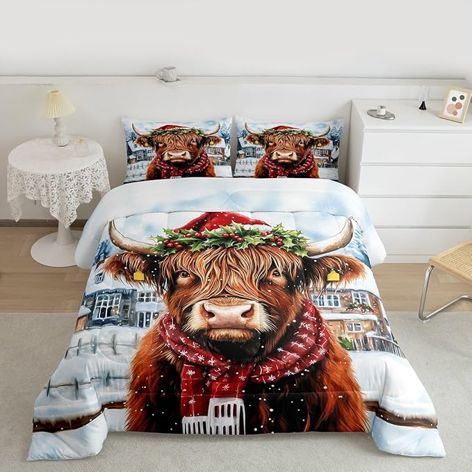 Feelyou Merry Christmas Bedding Set Soft for Boys Girls, Highland Cow Comforter Set Toddler Size Snowflake Duvet Quilt Microfiber Winter Bedroom Decor 2 Pcs with 1 Pillow Cases