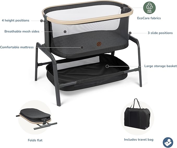 Maxi-Cosi Iora Baby Bassinets Bedside Sleeper, Portable Bassinet, Infant Bedside Sleeper Crib, Height Adjustable, Breathable Mesh, Large Storage Basket, Classic Graphite