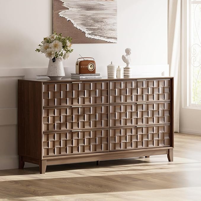 COLAMY Fluted Dresser, Modern Wooden 6 Drawer Dresser 55”, Side Board Buffet Storage Cabinet, Accent Cabinet with Metal Handles for Bedroom, Entryway, Hallway, Walnut
