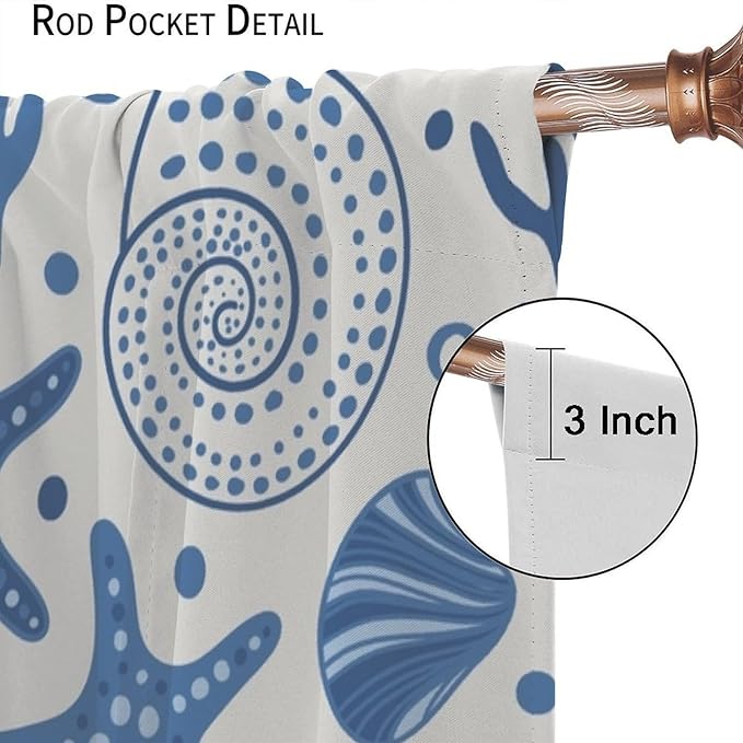 Coastal Nautical Curtains,Coral Starfish Seashell Beach Sea Starfish Seashell Theme Pattern Blackout Print Bedroom Living Room Window Treatmen 6 Panel Set 72x63 Inch