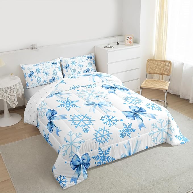 Lovely Bowknot Kids Comforter Set Queen Size,Dreamy Bowknot Dots Snowflake Bedding Set,Room Decor,Winter Merry Christmas Girly Quilt Comforter,Blue White Duvet Set Bedroom Quilt Set,2 Pillowcases