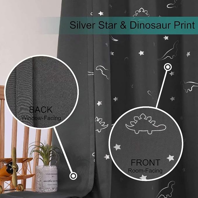 LORDTEX Dinosaur and Star Foil Print Blackout Curtains for Kids Room - Thermal Insulated Curtains Noise Reducing Window Drapes for Boys and Girls Bedroom, 52 x 95 Inch, Grey, Set of 2 Panels