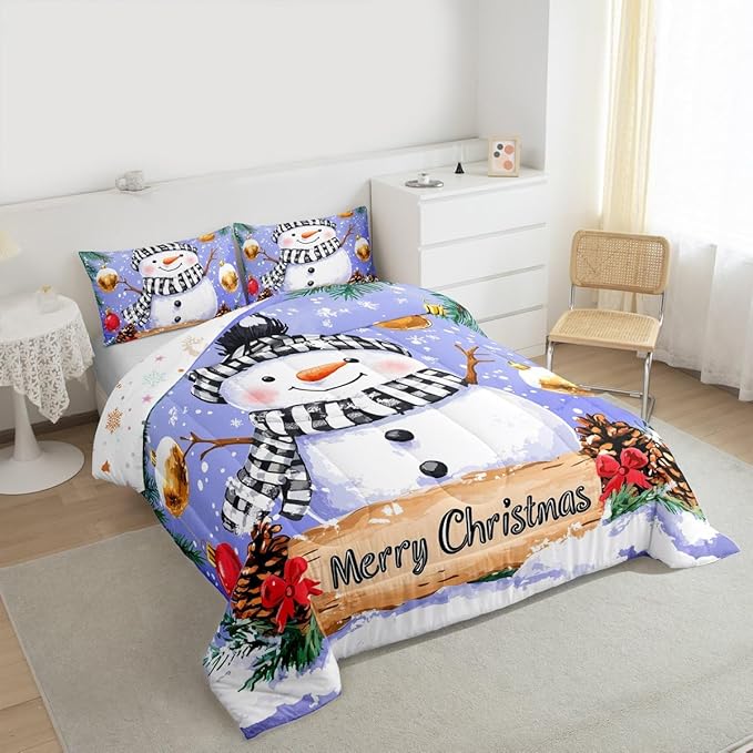 Feelyou Merry Christmas Comforter Set All Season Cute Snowman Bedding Set with 1 Pillow Cases Snowflake Microfiber Kids Toddler Bedclothes Winter Bedroom Decor Duvet Quilt Breathable Soft