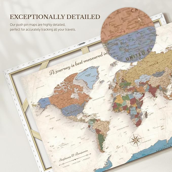 ElephantStock - Personalized Journey V Push Pin World Map Wall Art - Horizontal Canvas Wall Art - Living Room Wall Decor - Digital Art Map Canvas Art - Beige And Orange Decor - 30" x 20"
