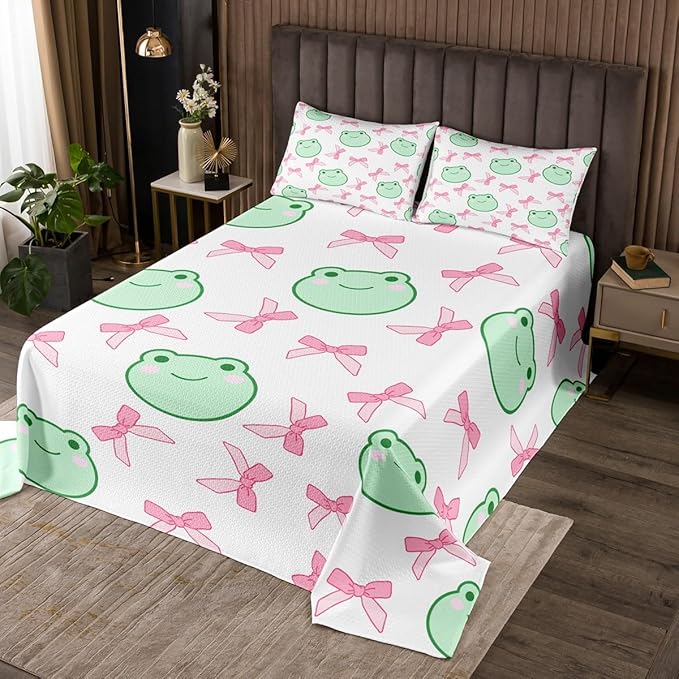 Manfei Pink Bowknot Bedspread King Size,Cartoon Frog Bow Tie Butterfly Knot Princess Coverlet Set,Girls Women Room Decor,Geometric Patchwork Cute Quilted Coverlet,Sweet Bedding Quilt,2 Pillowcases