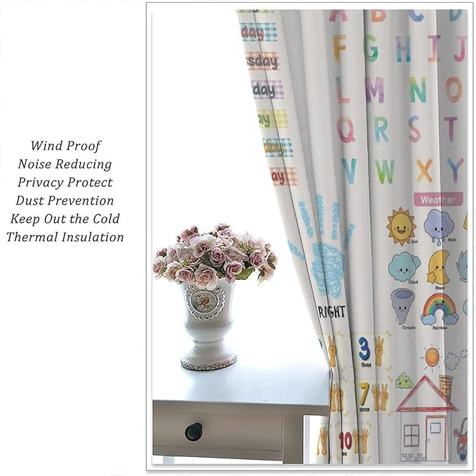 Kids Educational Alphabet Curtain,Boho Watercolor Alphabet Pastel Numbers Shapes Colors for Girls Child Nursery Home Kids Printed Rod Pocket Blackout Window Drapes for Bedroom Living Room 52"W X 84"L