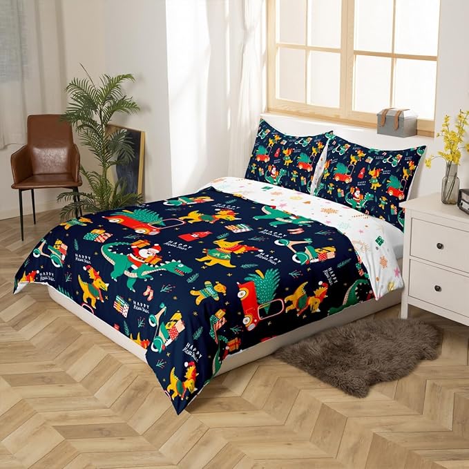Christmas Bedding Set Cartoon Santa Claus Christmas Tree Comforter Cover for Kids Teens Cute Dino Race Cars Duvet Cover Breathable Gingerbread Man Bedspread Cover Room Decor Quilt Cover Toddler Size