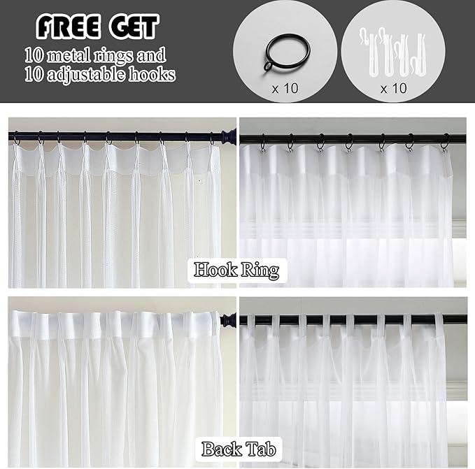 White Sheer Curtains 102 Inches Long 1 Panel, 50 Inch Width, Thin Textured Linen Look Sliding Glass Door Curtain, Rustic Elegant Window Treatments, Floor to Ceiling Pinch Pleated Drapes